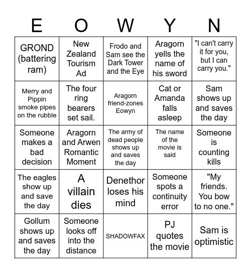 THE RETURN OF THE KING Bingo Card