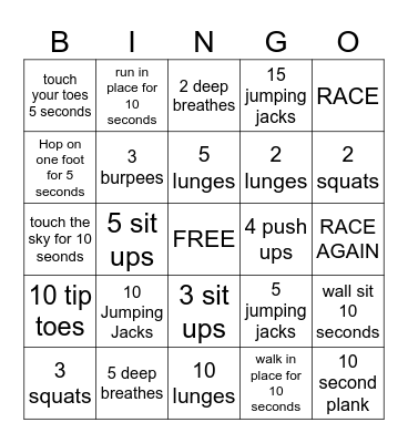 Fitness Bingo Card