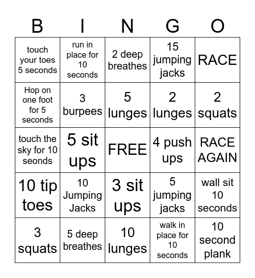 Fitness Bingo Card
