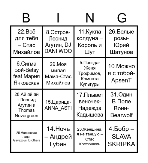 Музыкальное БИНГО Bingo Card