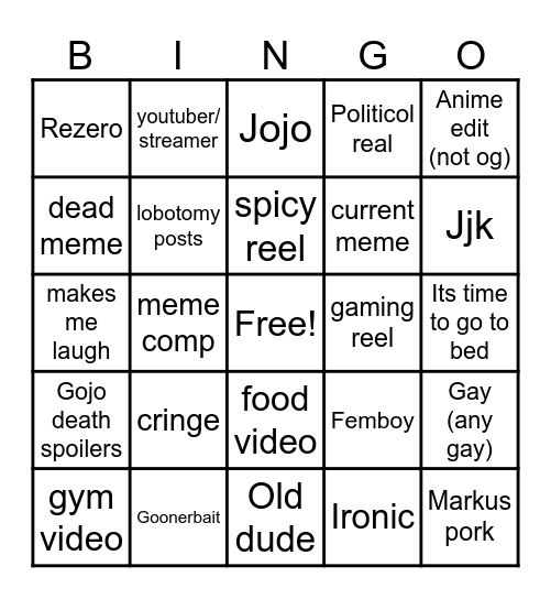Instagram reel bingo Card