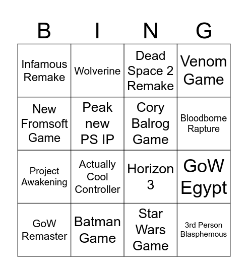 Wishlist Bingo Card