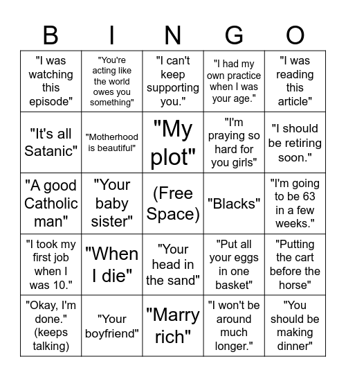 Mom Gives "The Talk" Bingo Card