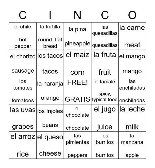 La Comida de Mexico Bingo Card