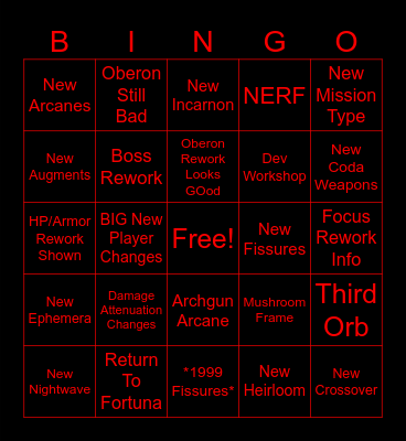 September 2025 Warframe Devstream Bingo Card