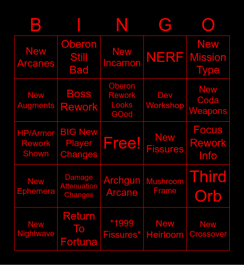 September 2025 Warframe Devstream Bingo Card