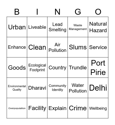 Place and Liveability Bingo Card