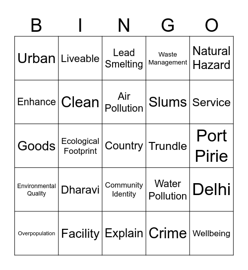 Place and Liveability Bingo Card