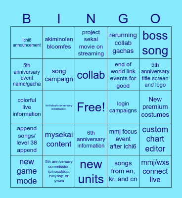 Project sekai 5th anniversary bingo Card