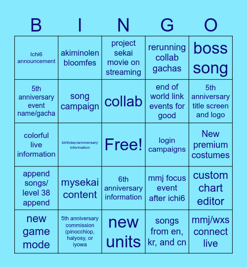 Project sekai 5th anniversary bingo Card