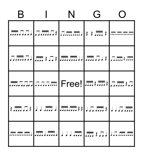 Sixteenth Note Rhythm Bingo Card