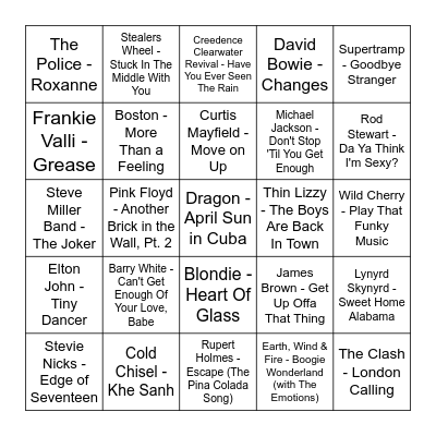 Bingo 70's Bingo Card