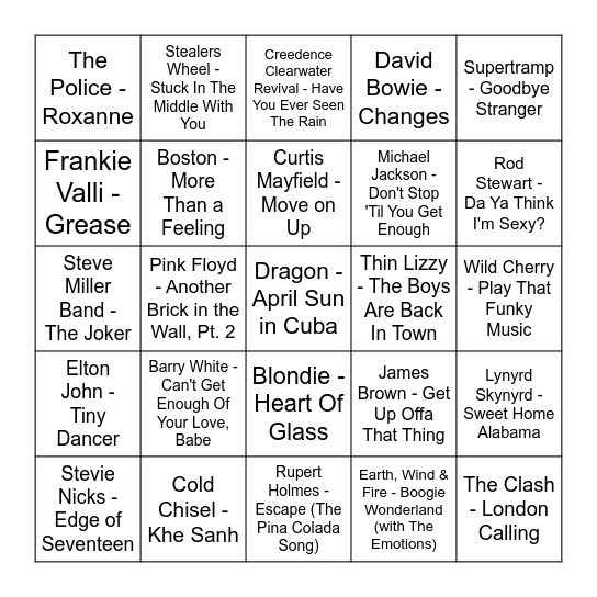 Bingo 70's Bingo Card