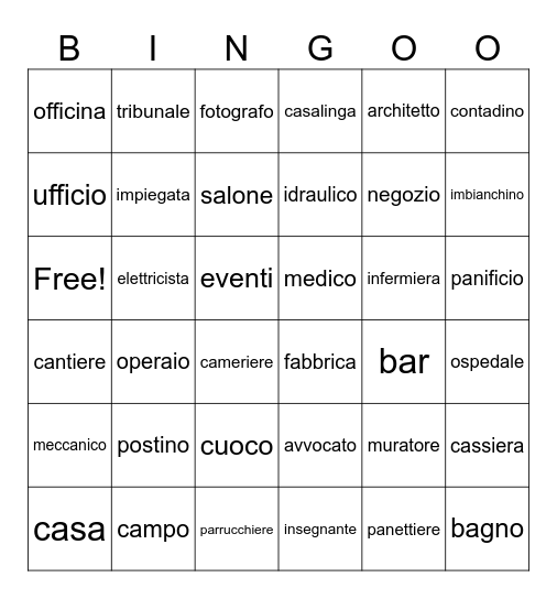 Le professioni Bingo Card