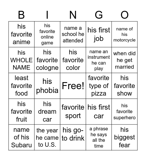 Clark's 30th Bingo Card