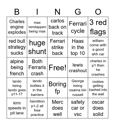 Fp1-2-3 Singapore gp Bingo Card