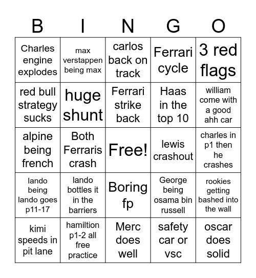 Fp1-2-3 Singapore gp Bingo Card