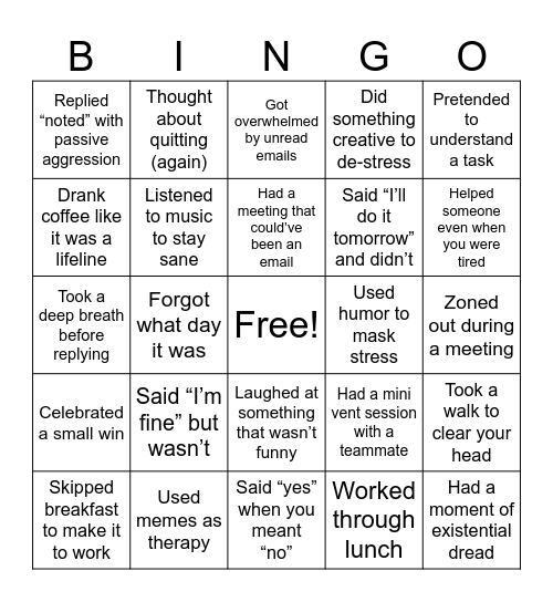 MCA Stress Bingo Squares Bingo Card