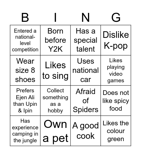 GTKY Bing Bingo Card