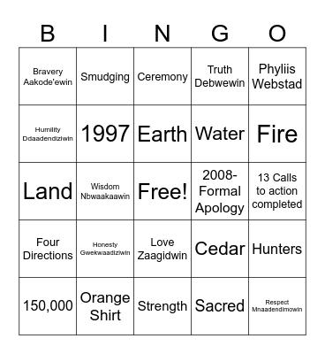 National Truth and Reconciliation Bingo Card