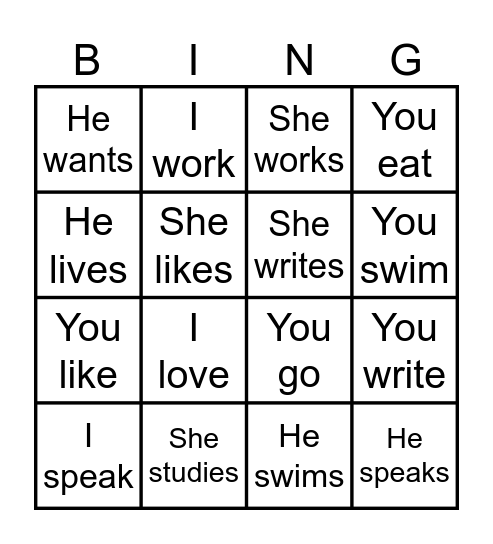 Verb Bingo Card