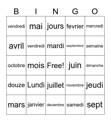Les jours et les mois Bingo Card