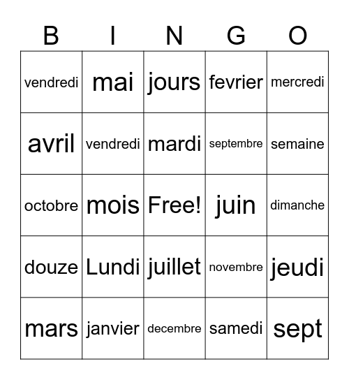 Les jours et les mois Bingo Card