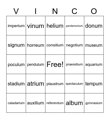 Stage 18 Neuter Nouns Bingo Card