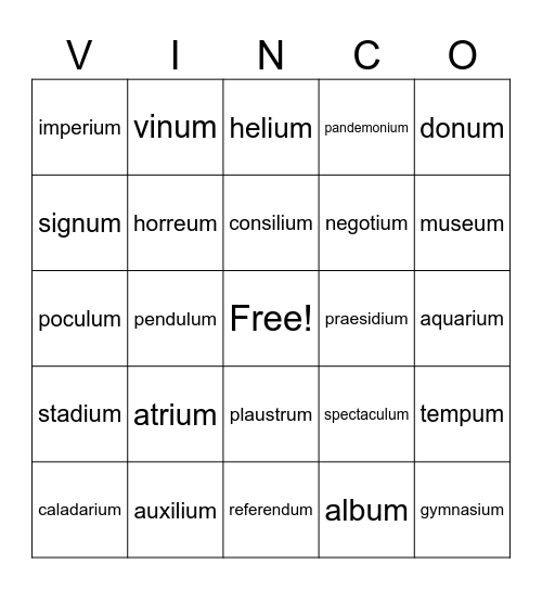 Stage 18 Neuter Nouns Bingo Card