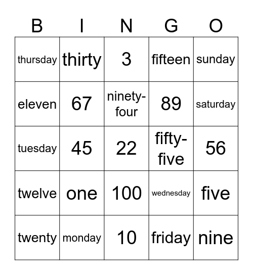 days & numbers Bingo Card