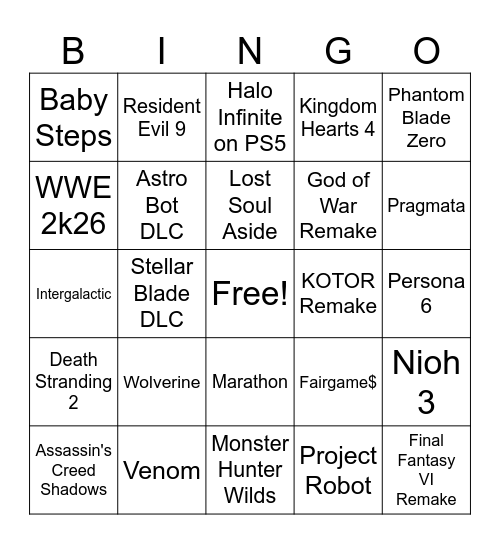 Sony State of Play 2025 Bingo Card