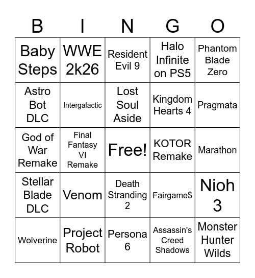 Sony State of Play 2025 Bingo Card