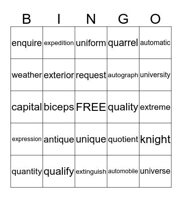 5th Grade Sight Words Bingo Card