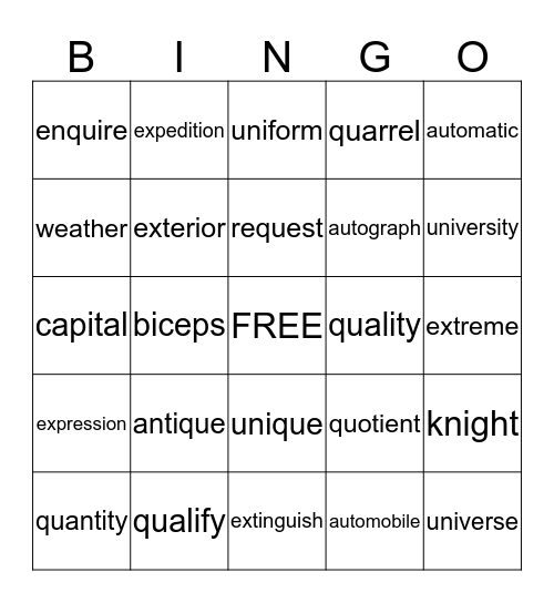 5th Grade Sight Words Bingo Card