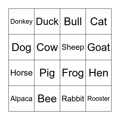 Animal Bingo Card
