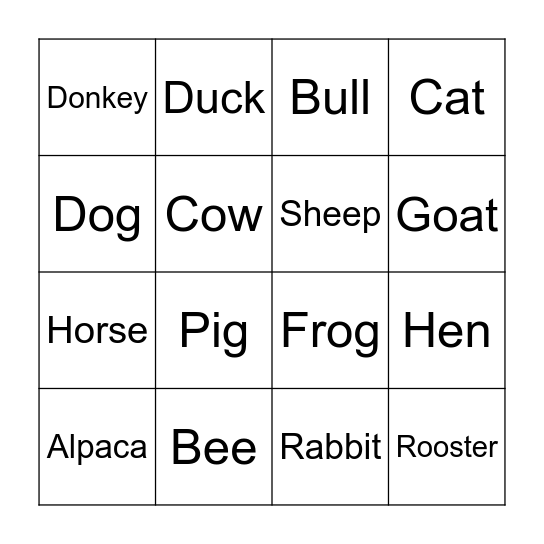 Animal Bingo Card
