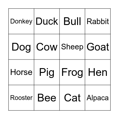 Animal Bingo Card