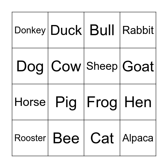 Animal Bingo Card