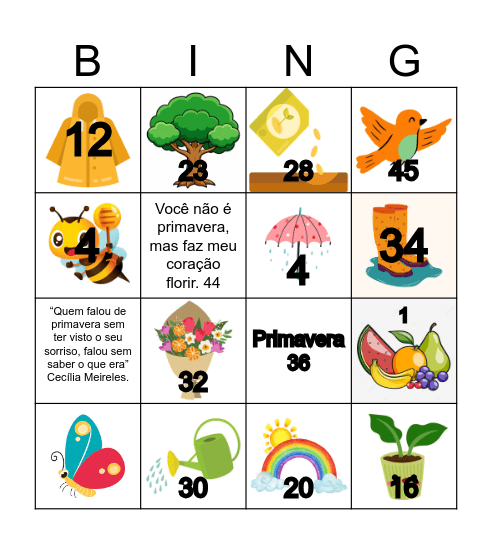 Primavera Bingo Card