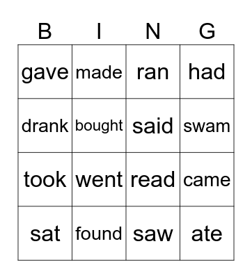 Irregular verbs Bingo Card