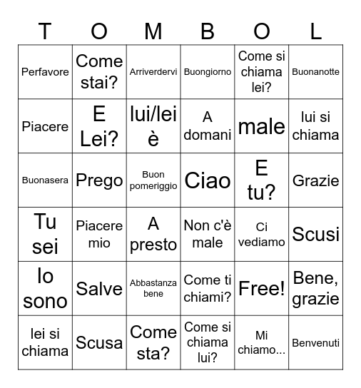 italiano 1 - Cap. 1 Bingo Card