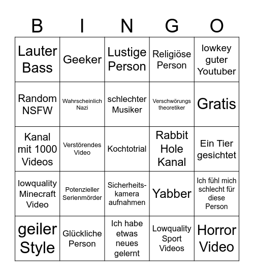 Youtube Bingp Bingo Card