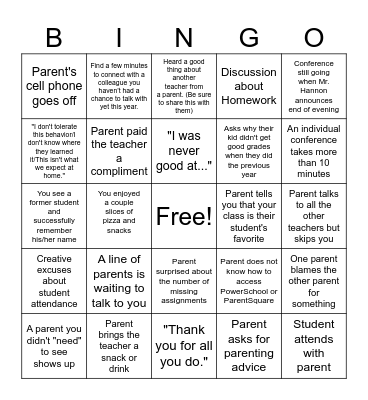 Parent Teacher Conference BINGO Card