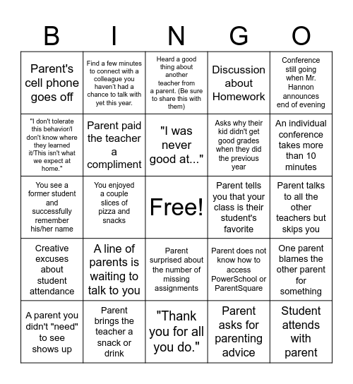 Parent Teacher Conference BINGO Card