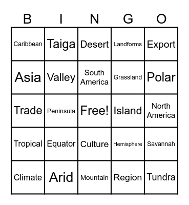 Western Hemisphere Vocabulary Bingo Card