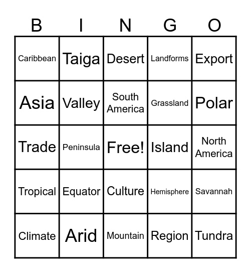Western Hemisphere Vocabulary Bingo Card