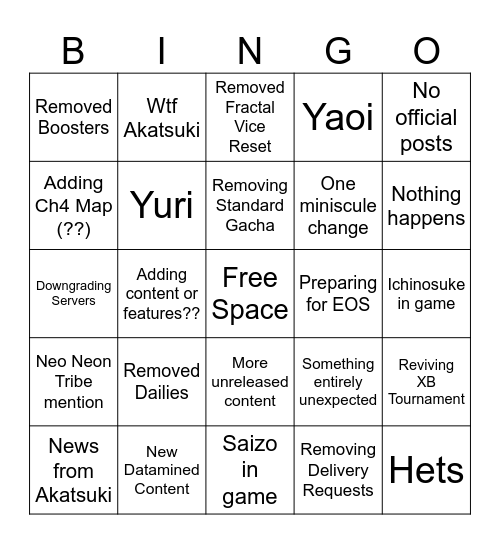 T9 Maintenance Bingo Card