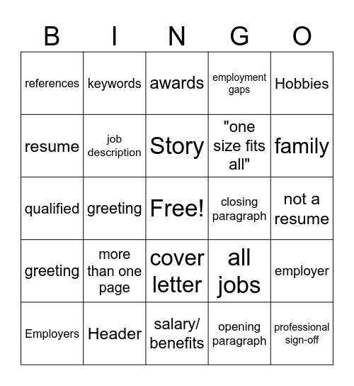 Cover Letter Bingo Card