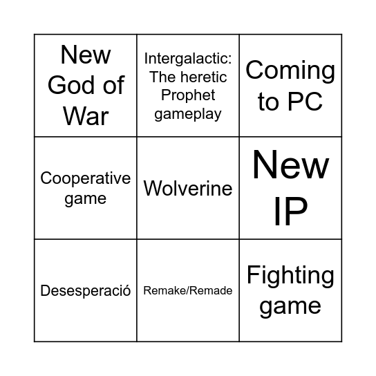 State of Play Bingo Card