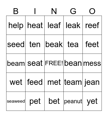 "e" words Bingo Card